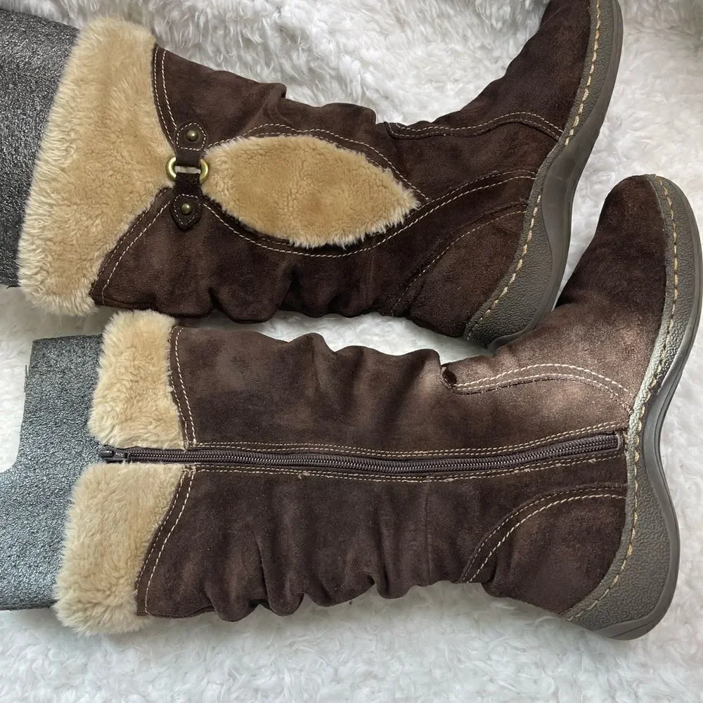 BareTraps Ellery leather suede Brown mid calf boots with faux fur lining SZ9W